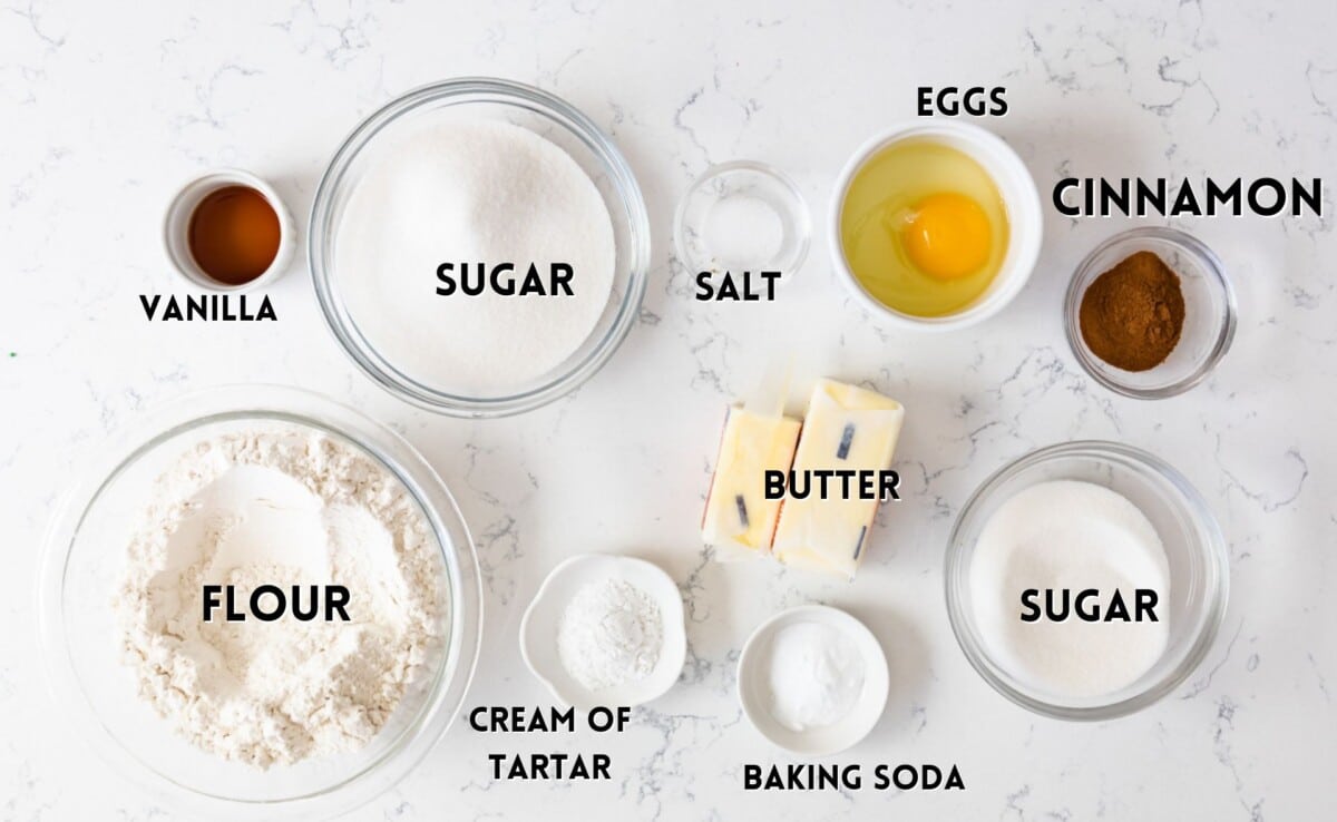 Various baking ingredients are arranged on a white surface, destined for a delightful batch of chocolate chip snickerdoodles. You'll find flour, sugar, eggs, butter, vanilla, cinnamon, salt, cream of tartar, and baking soda each waiting in their bowls or containers.