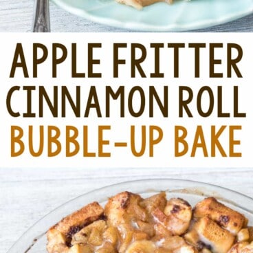 Apple fritter cinnamon roll bake photo collage with text in the middle