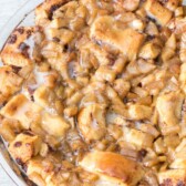 Overhead shot of apple fritter cinnamon roll bake in glass dish