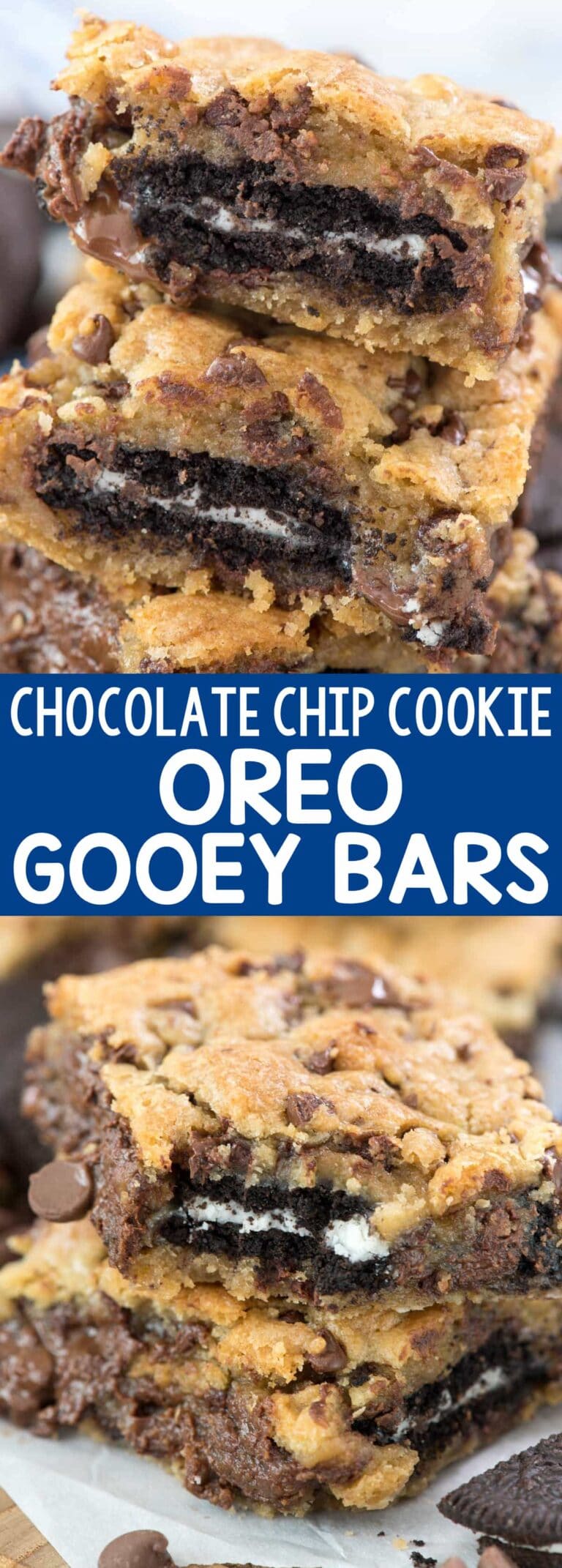 Oreo Stuffed Chocolate Chip Cookie Gooey Bars - Crazy for Crust