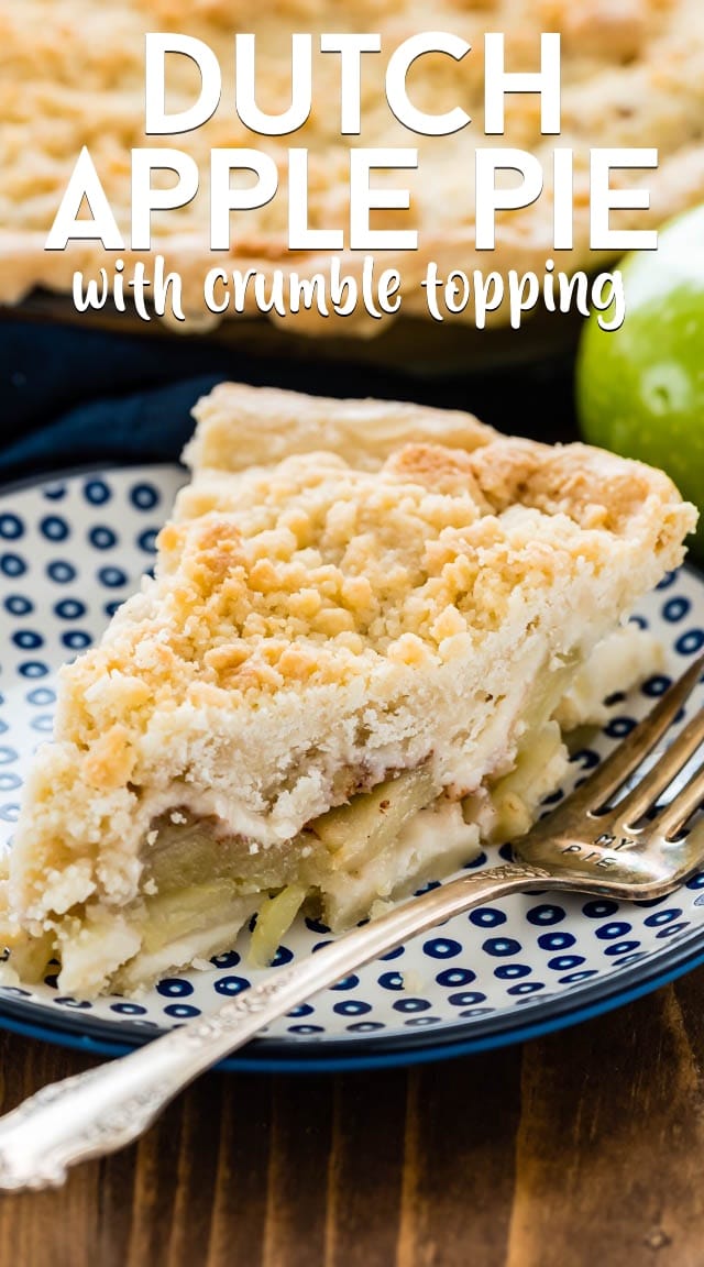 Dutch apple pie with crumble topping slice on a blue plate with title.