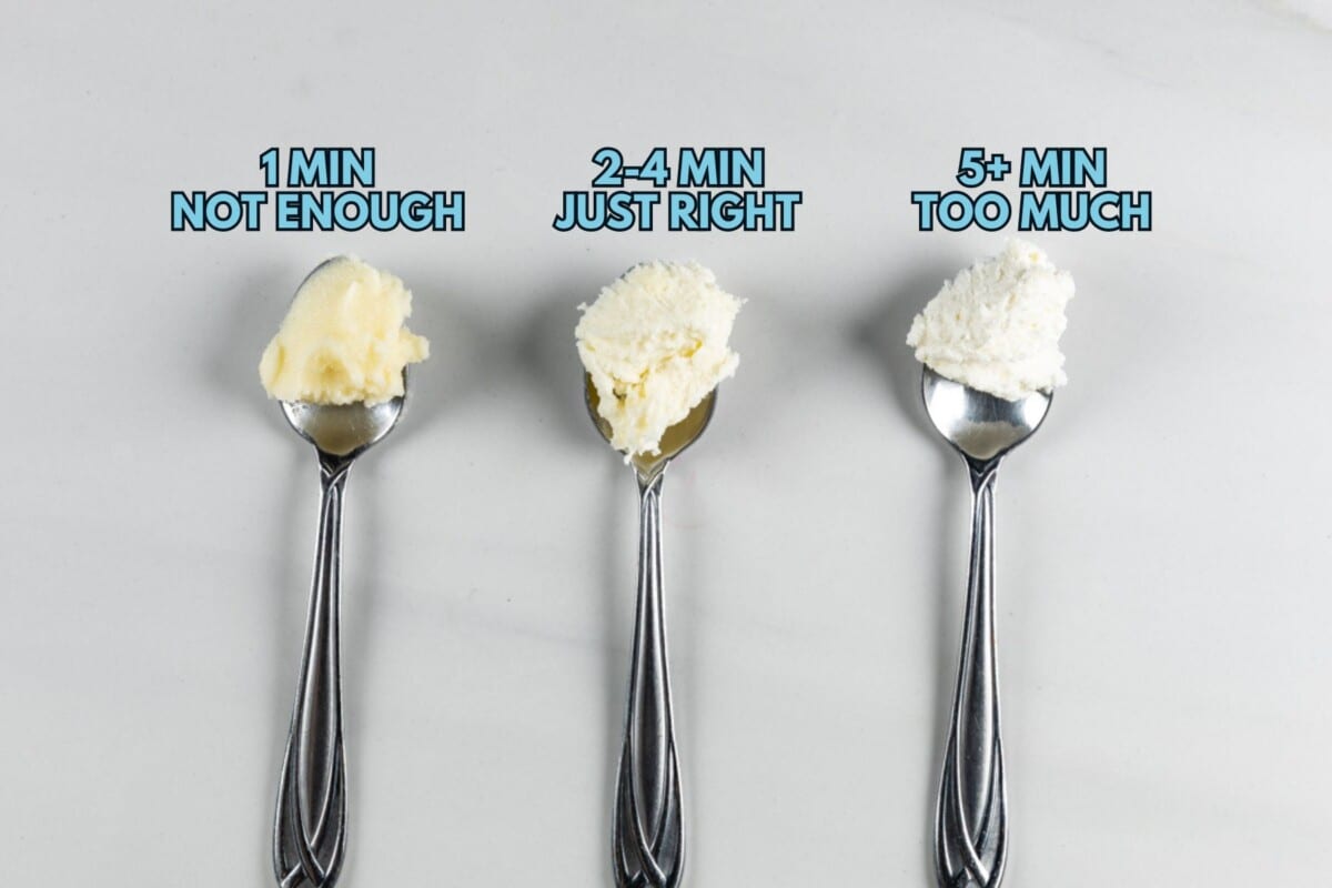 3 spoons with different creamed butters showing stages of creaming.