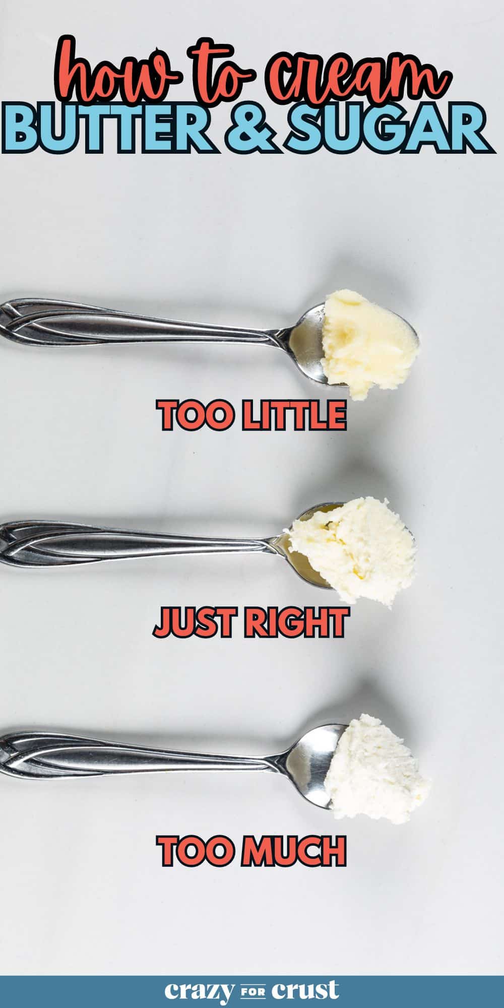 3 spoons with different creamed butters showing stages of creaming.