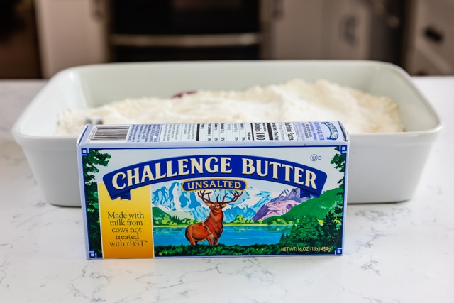 challenge butter box in front of white casserole dish