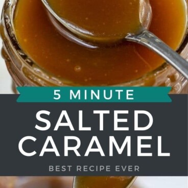 Photo collage of salted caramel sauce with recipe title in middle of photos