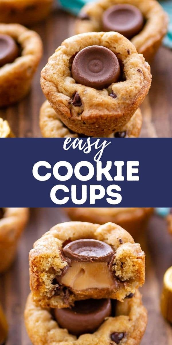 Photo collage of chocolate chip cookie cups with recipe title in middle of photos