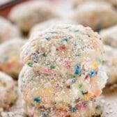 Close up photo of a stack of funfetti wedding cookies