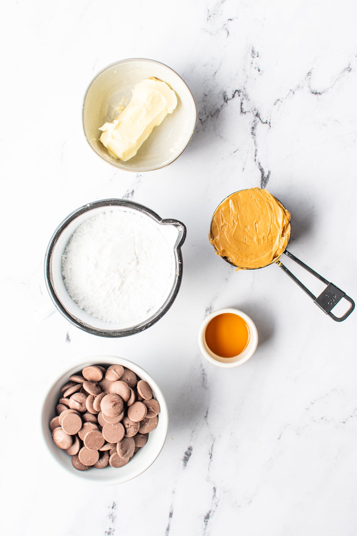 Overhead view of ingredients used to make peanut butter balls