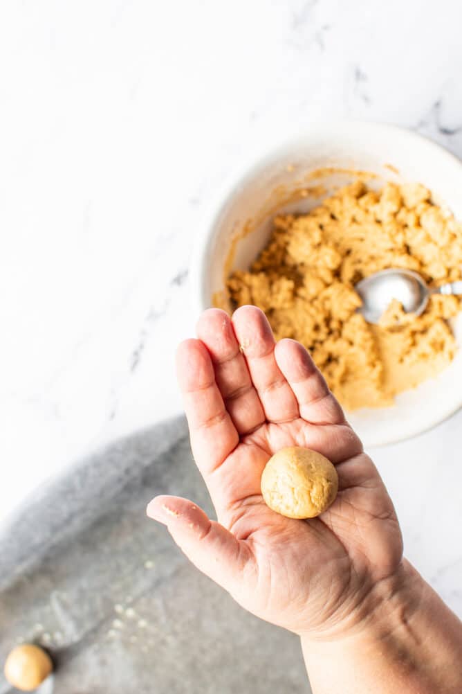 Overhead view of one peanut butter ball rolled into a ball shape in the palm of a hand