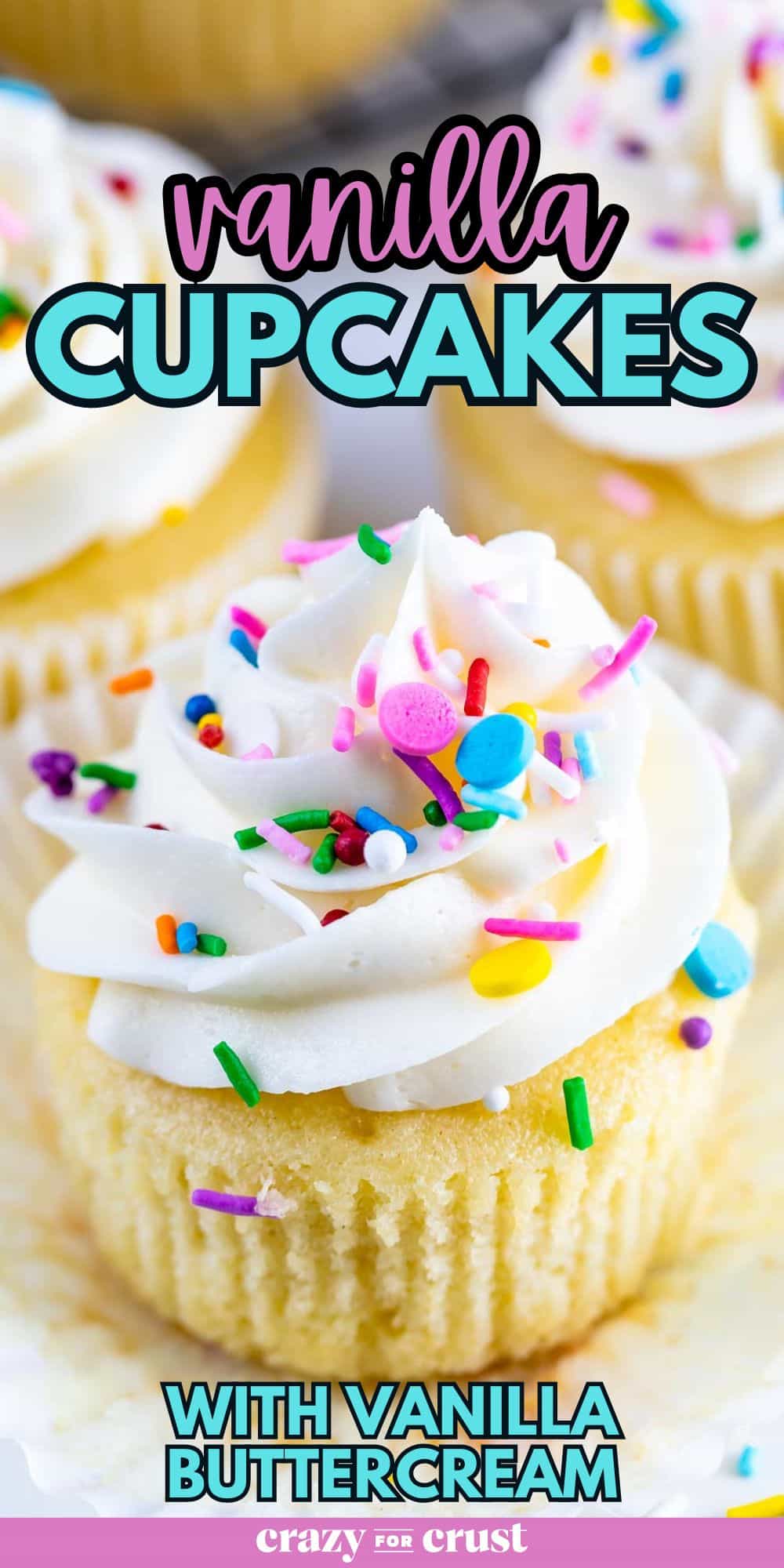 vanilla cupcake with vanilla frosting and words on photo.