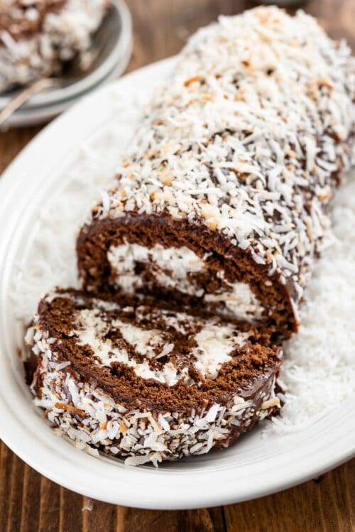 Chocolate Coconut Cake Roll with ganache - Crazy for Crust