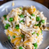 Overhead shot of a piece of casserole on a plate