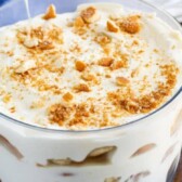 Favorite banana pudding in a clear trifle dish