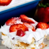 Slice of strawberry shortcake icebox cake on plate