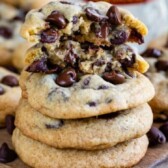 The best chewy chocolate chip cookies stacked on eachother