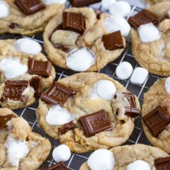 Close up shot of s'mores cookies on a metal cooling rack