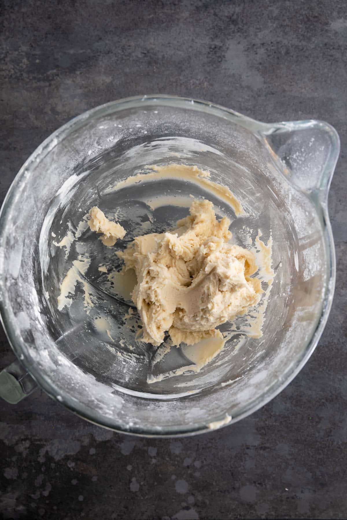 creamed butter and sugar in glass mixing bowl.