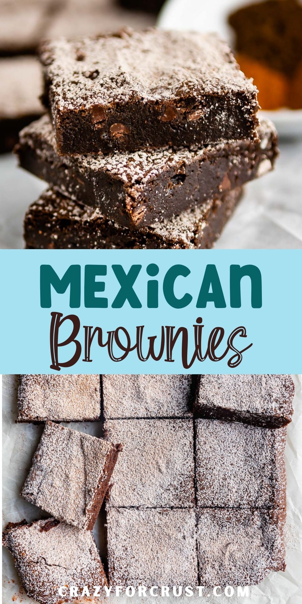 collage of stack of 3 brownies and brownies on parchment