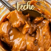 Close up shot of dulce de leche in jar with recipe title on top of image