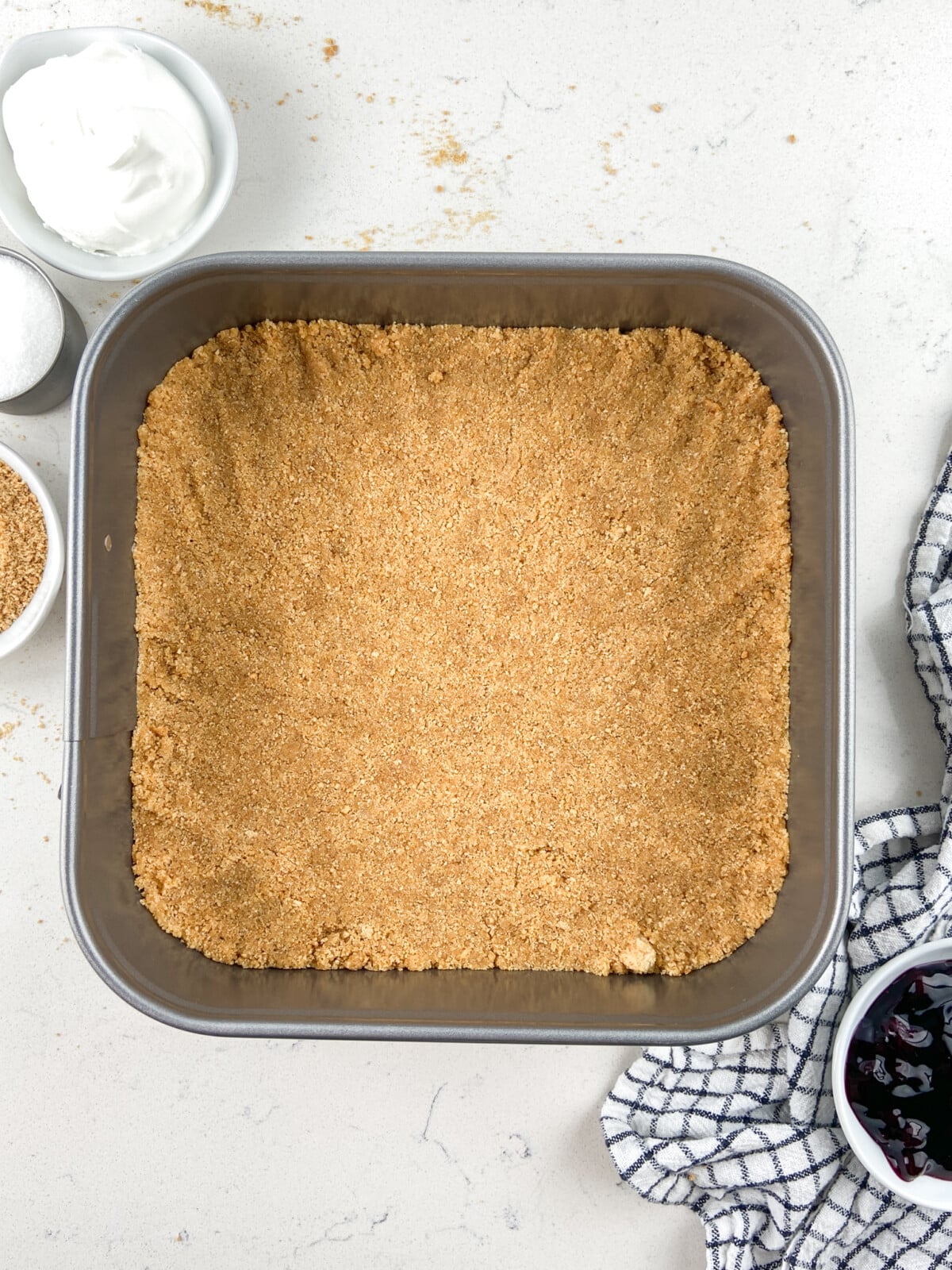 square pan with graham cracker crust.