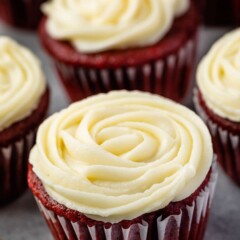 Red velvet cupcakes with cream cheese frosting on top