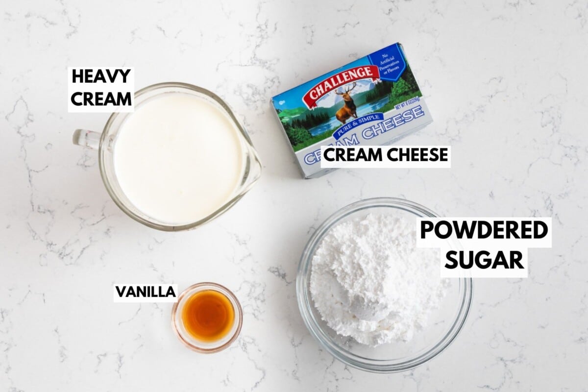 Top view of four cheesecake dip ingredients on a marble surface: a small pitcher of heavy cream, a block of cream cheese, a bowl of powdered sugar, and a small dish of vanilla extract. Each item is labeled with its name.