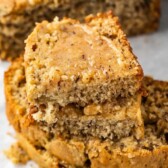 banana bread stack, with halves on top with caramel spread