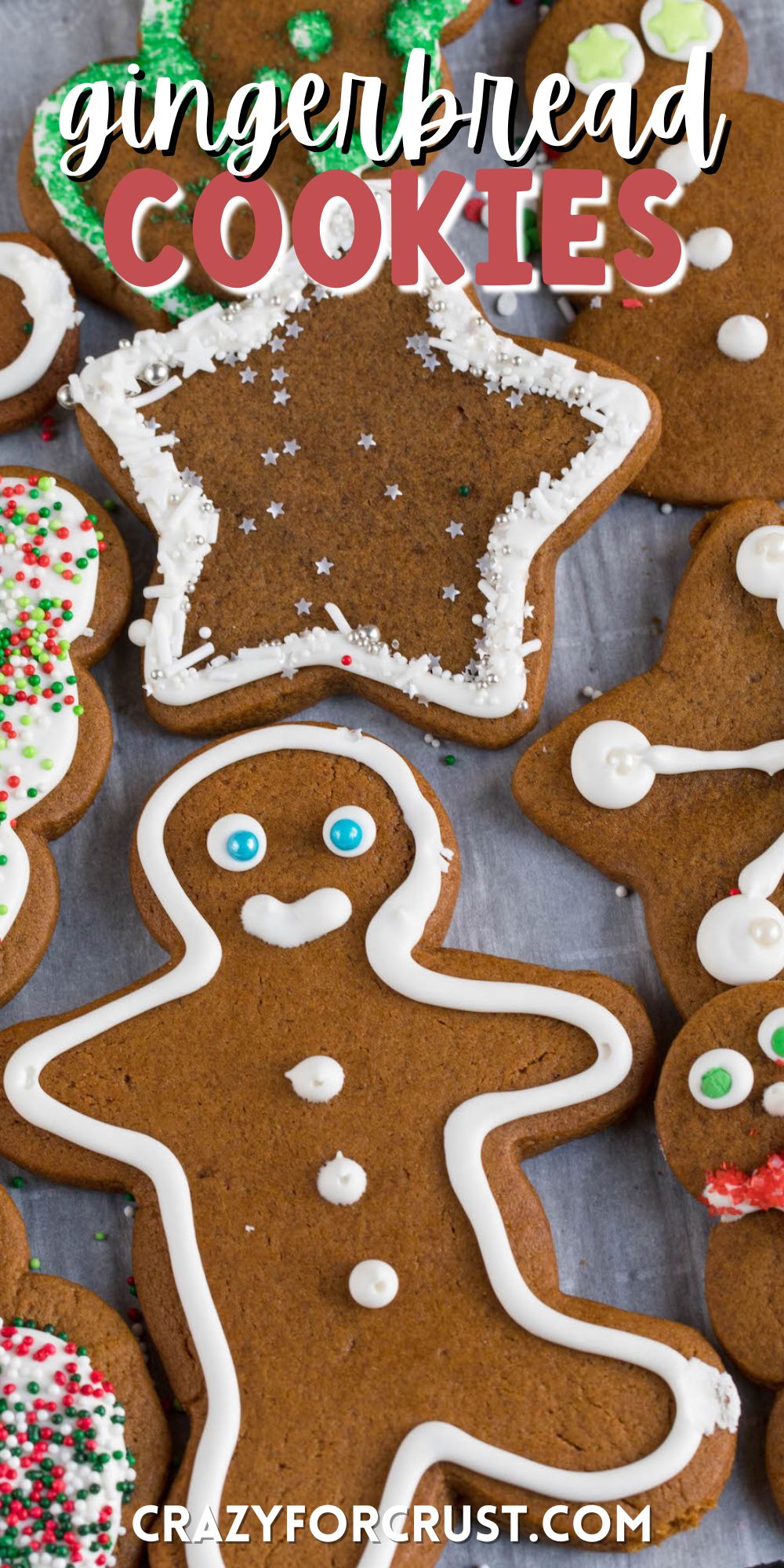 different cutout gingerbread cookies with white icing on top and words on the image