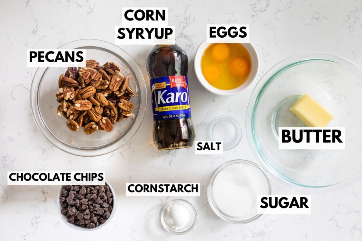 ingredients in chocolate pecan pie on counter