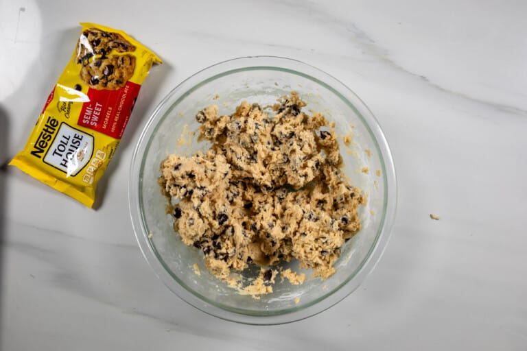 clear bowl of chocolate chip cookie dough.