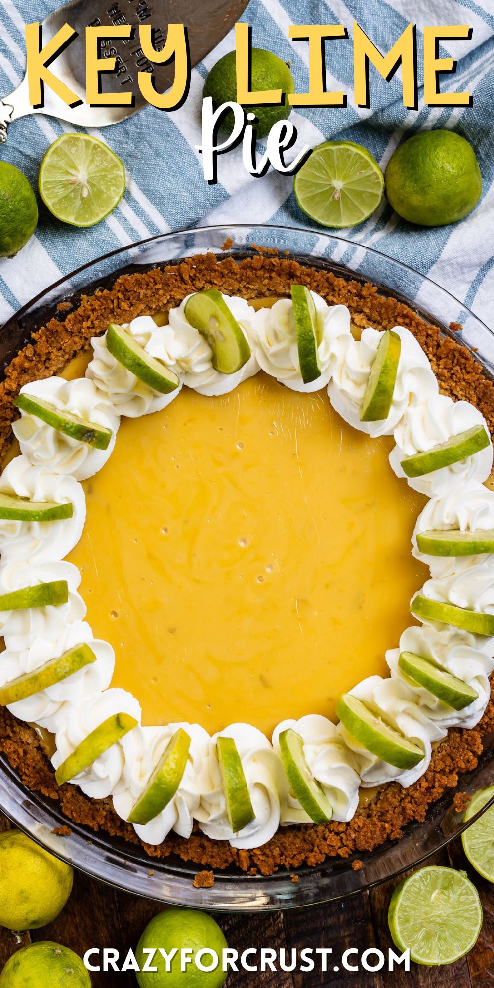 yellow key lime pie with whipped cream and sliced limes around the edges with words on the image.