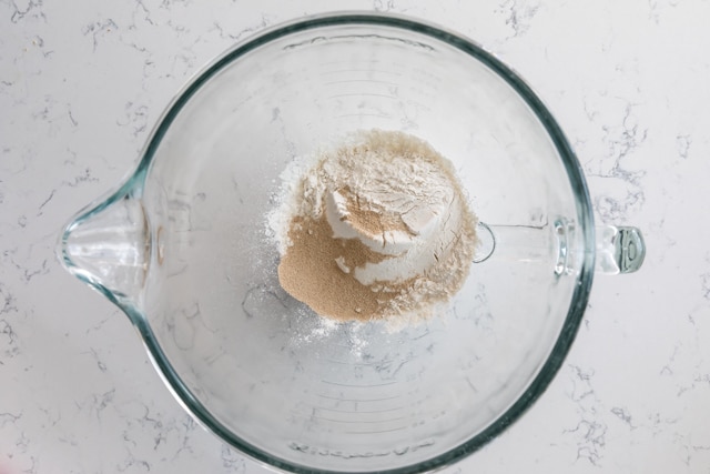 flour and yeast in mixing bowl.