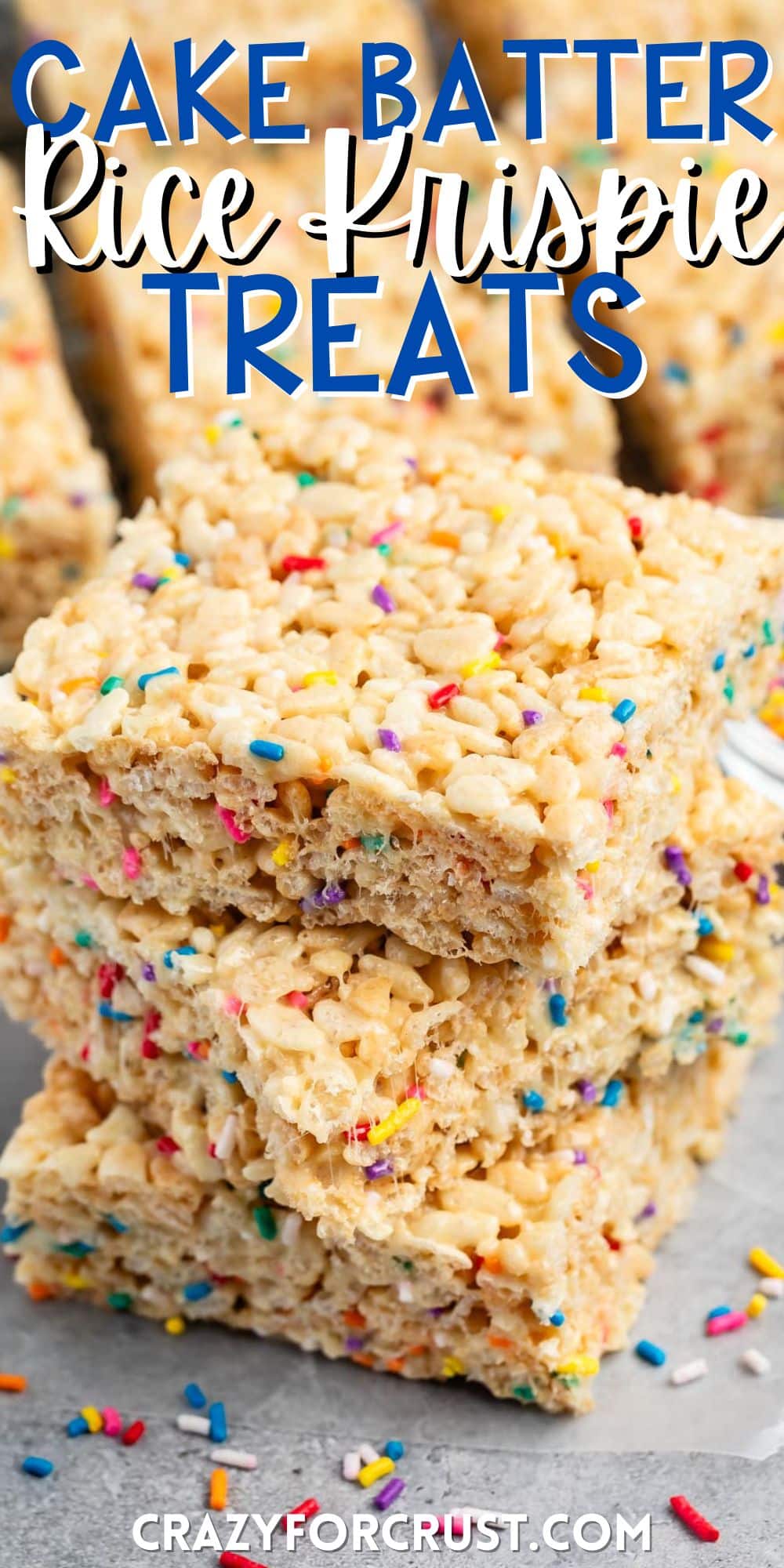 stacked Rice Krispie treats with sprinkles mixed in with words on the image.