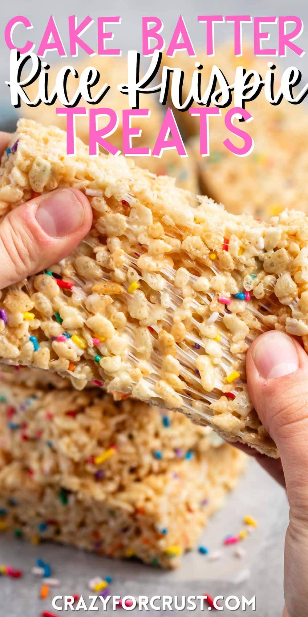hand holding Rice Krispie treats with sprinkles baked in with words on the image.