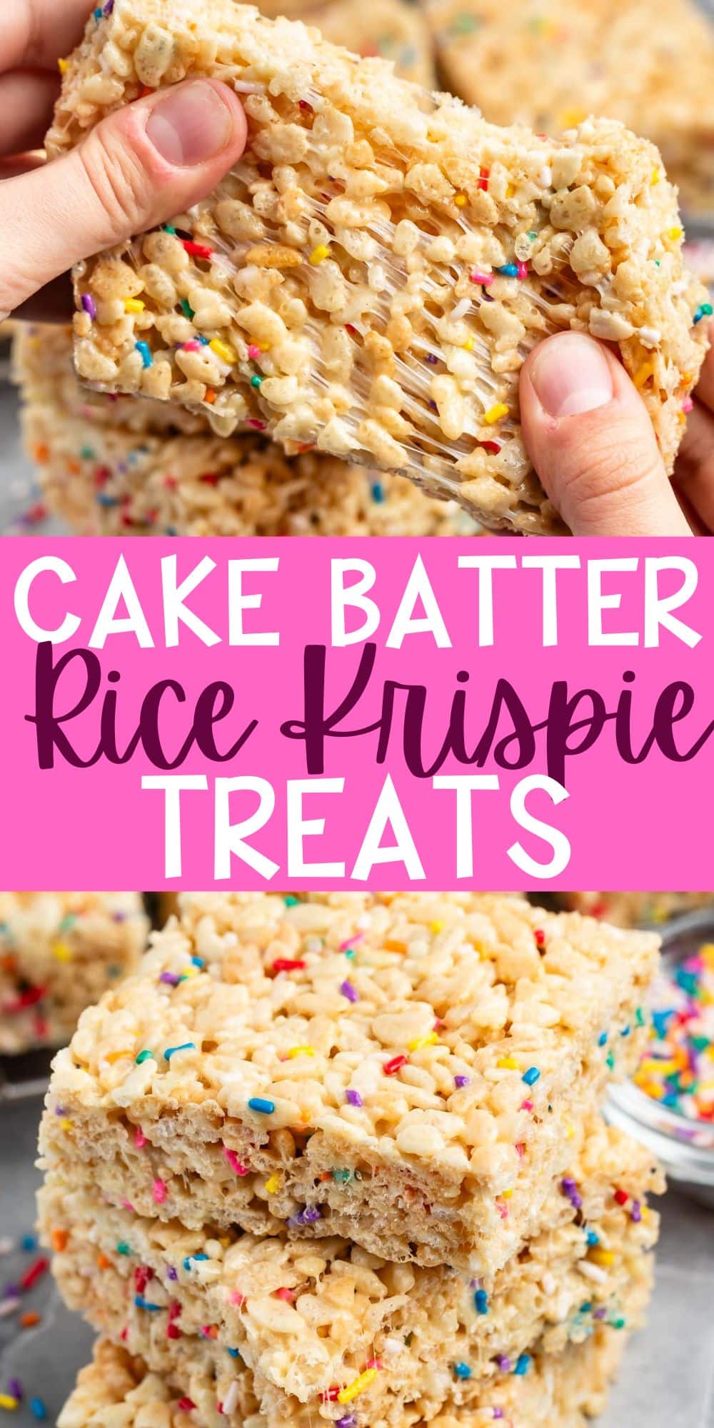 two photos of hand holding Rice Krispie treats with sprinkles baked in with words on the image.