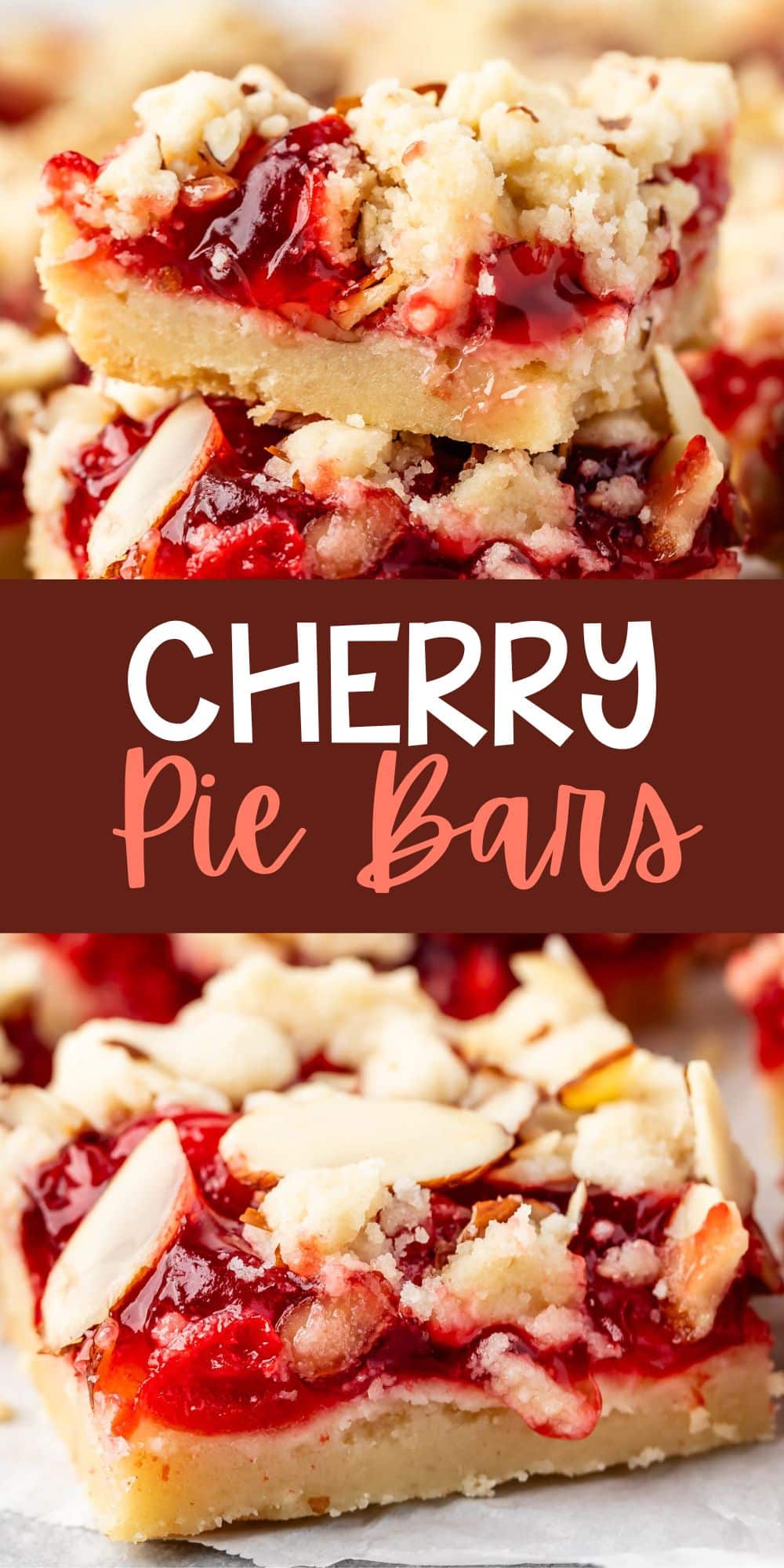 two photos of pie crust bars with red cherry pie filling and sliced almonds on top with words on the image.