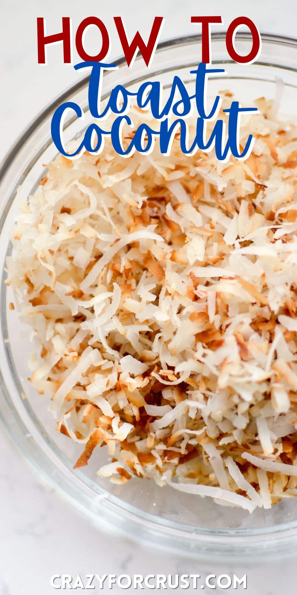 shredded coconut in a clear bowl with words on the image.