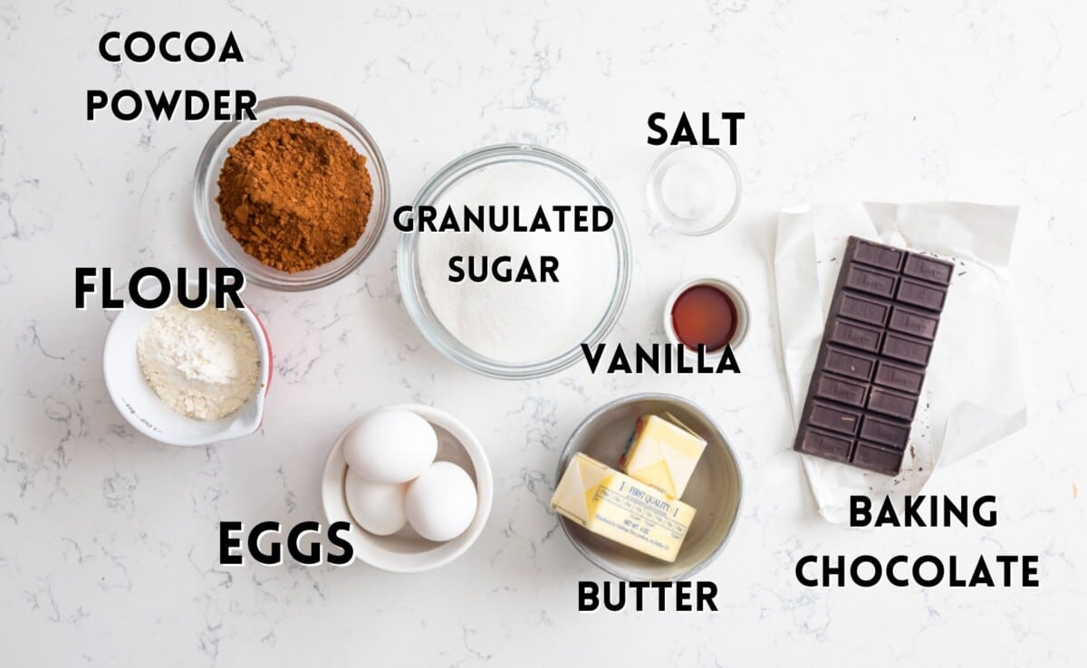 ingredients in best brownies laid out on a white counter.