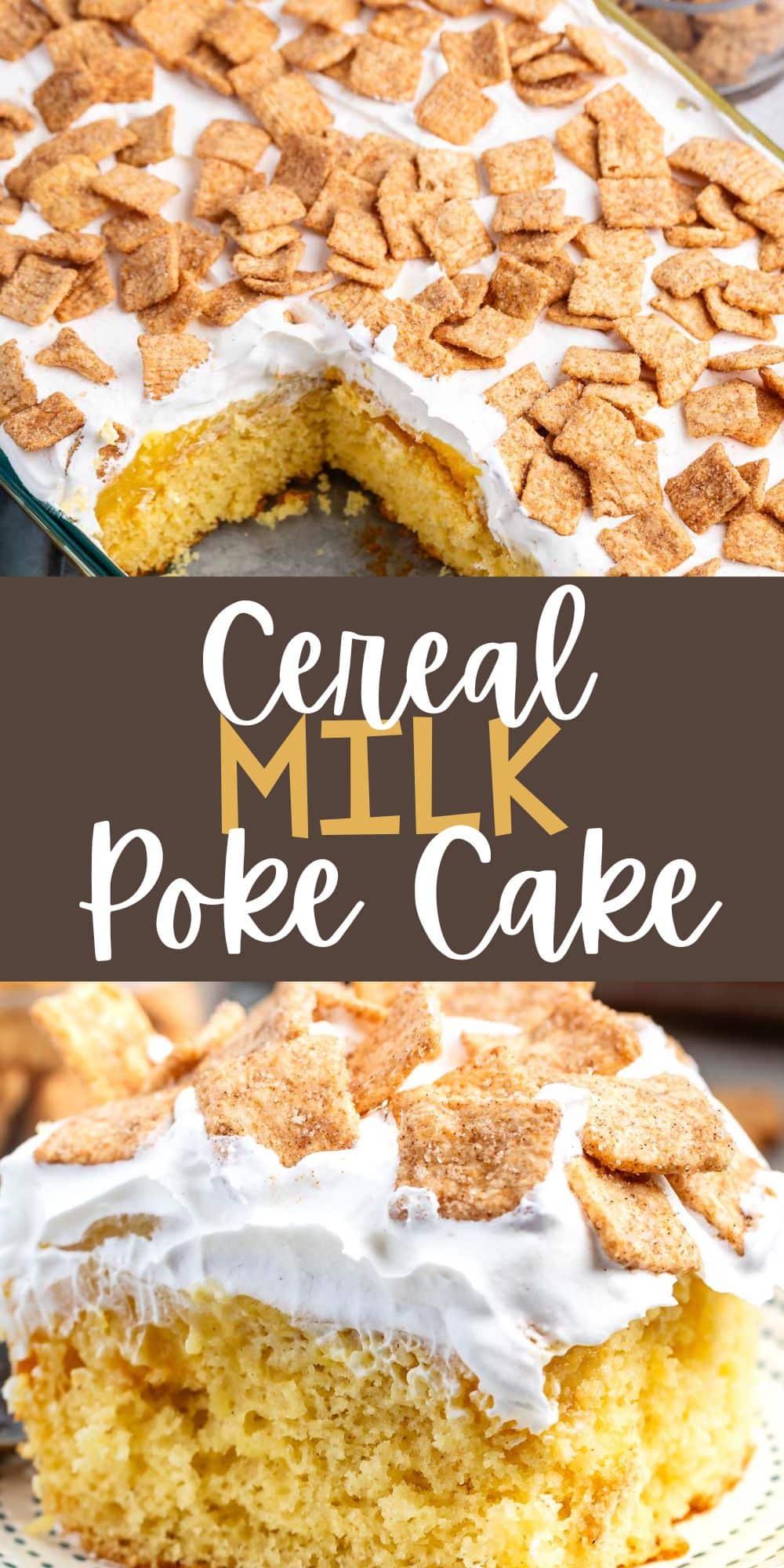 two photos of cake with white frosting and cinnamon toast crunch on top with words on the image.