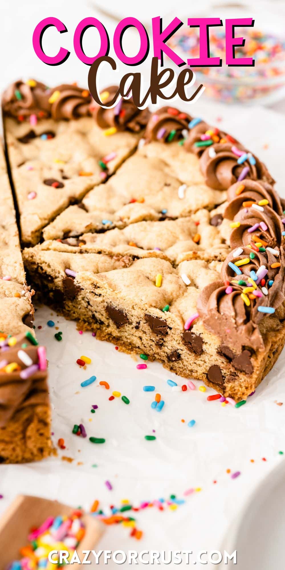 giant chocolate chip cookies with chocolate frosting and sprinkles on top with words on the image.