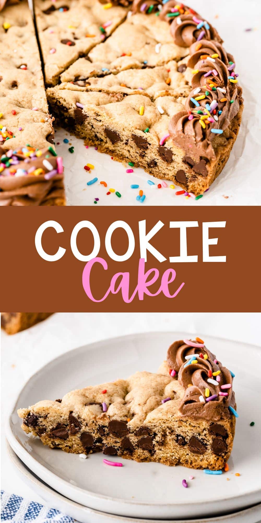 two photos of giant chocolate chip cookies with chocolate frosting and sprinkles on top with words on the image.