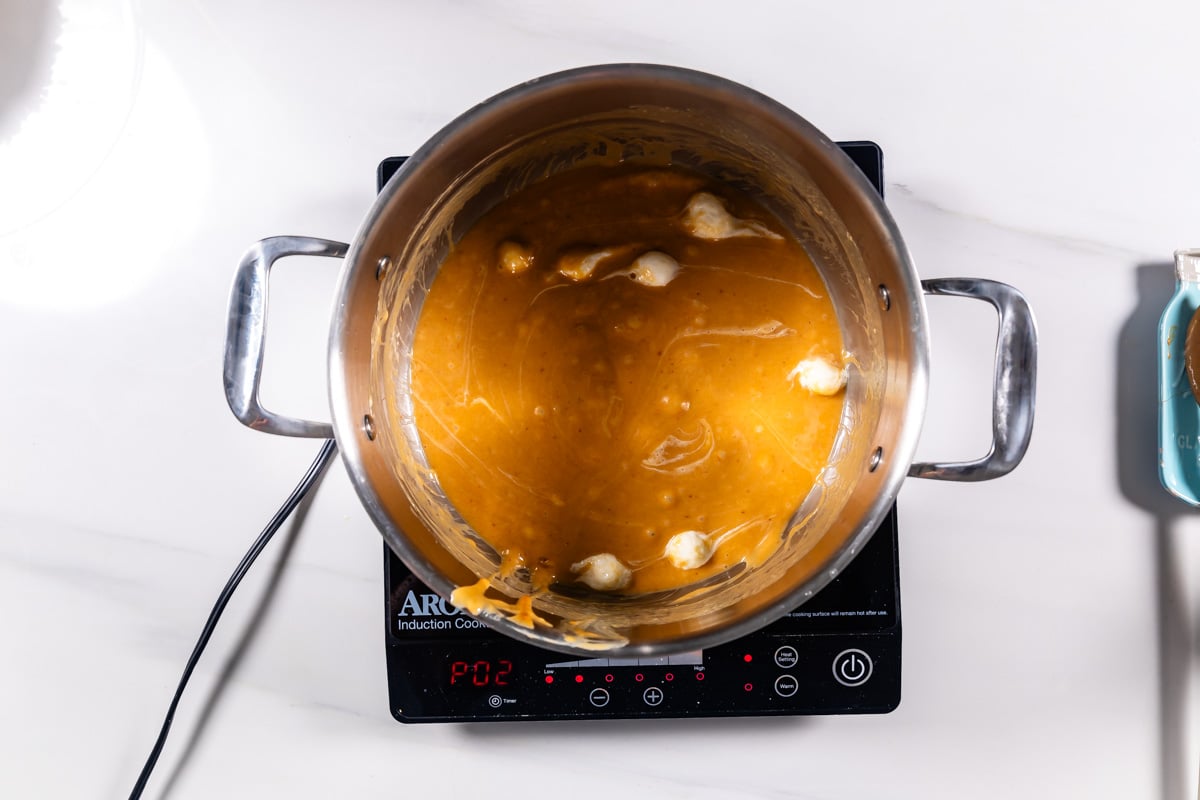 process shot of making peanut butter Rice Krispie treats.