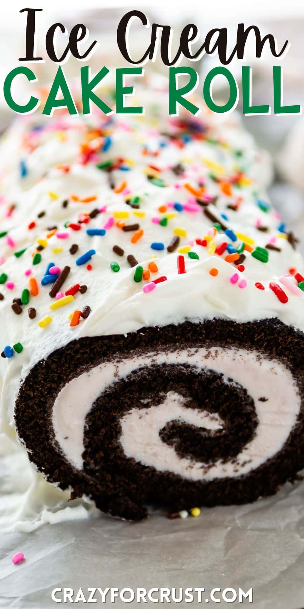 chocolate cake roll covered in white frosting and colorful sprinkles with words on the image.
