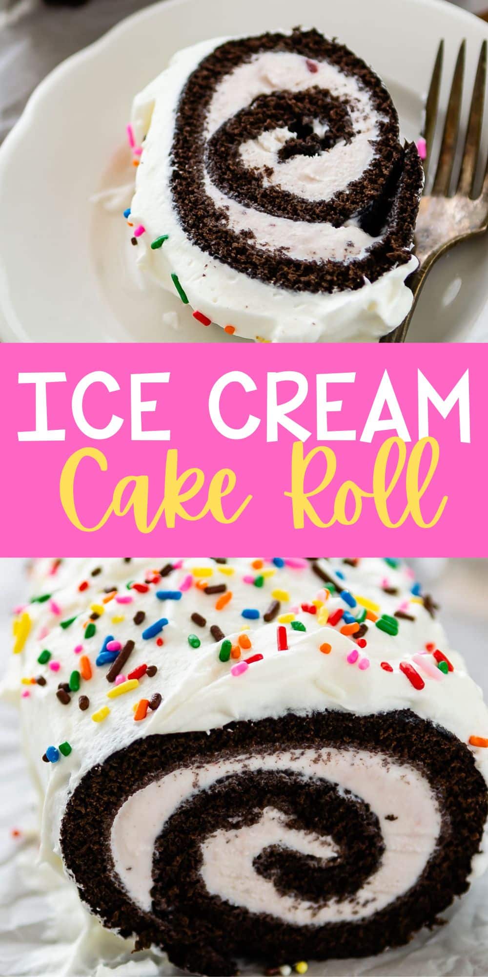 two photos of chocolate cake roll covered in white frosting and colorful sprinkles with words on the image.