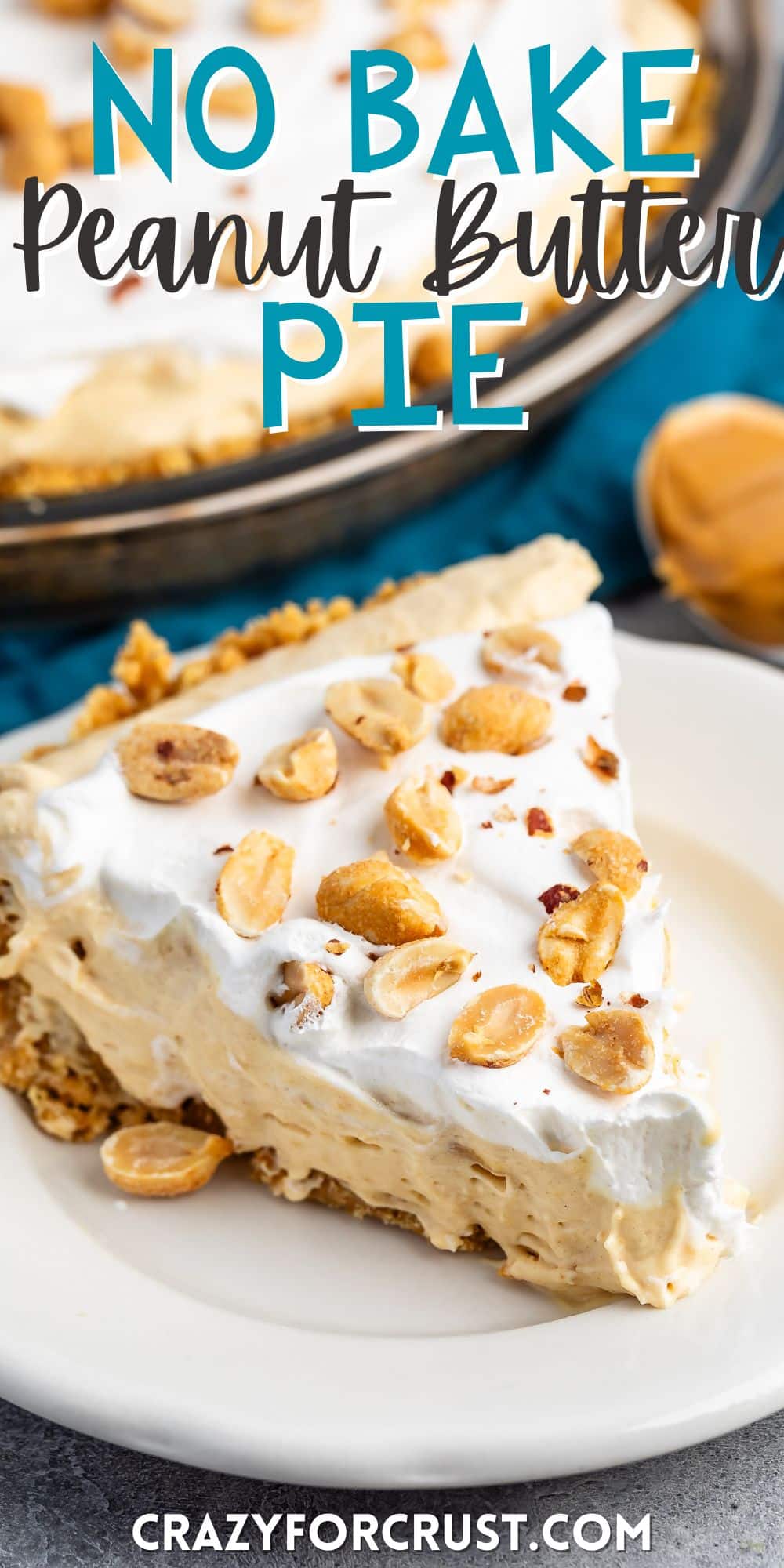 peanut butter pie on a white plate with peanuts on top with words on the image.