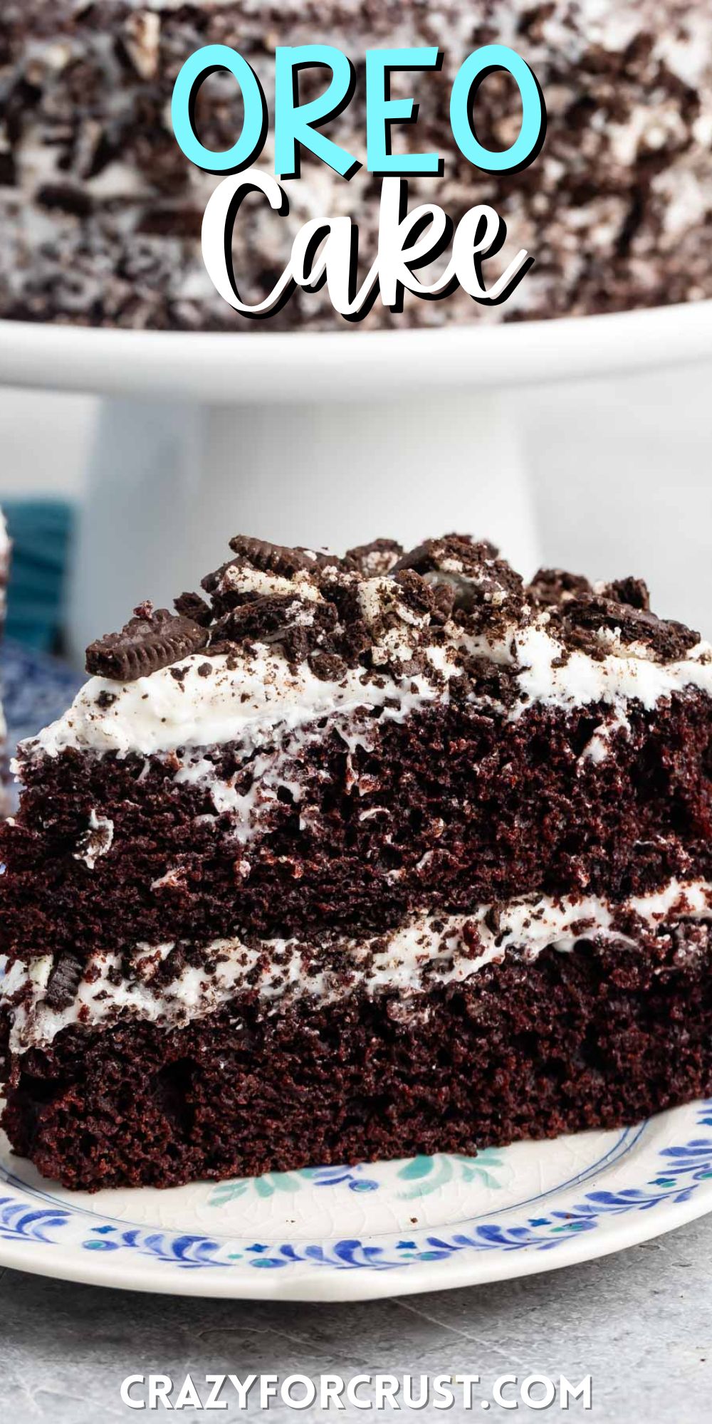 brown layered cake with white frosting and crushed oreos on top with words on the image.