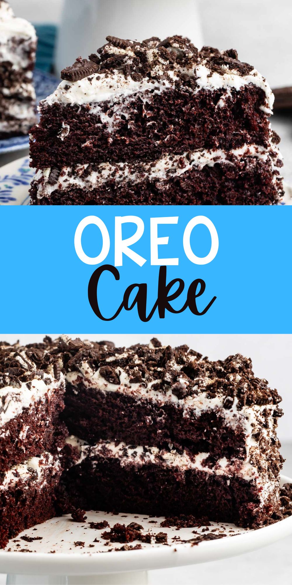 two photos of brown layered cake with white frosting and crushed oreos on top with words on the image.