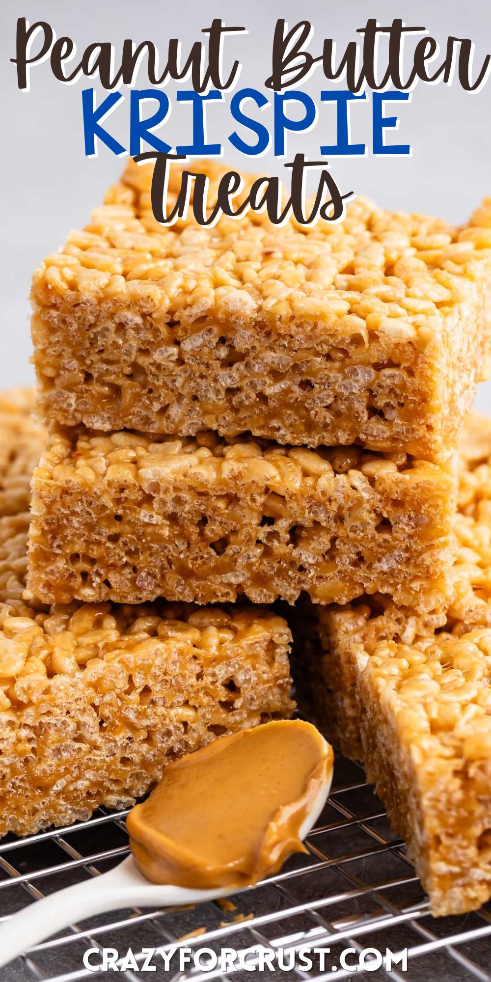 stacked Rice Krispie treats next to a spoonful of peanut butter with words on the image.