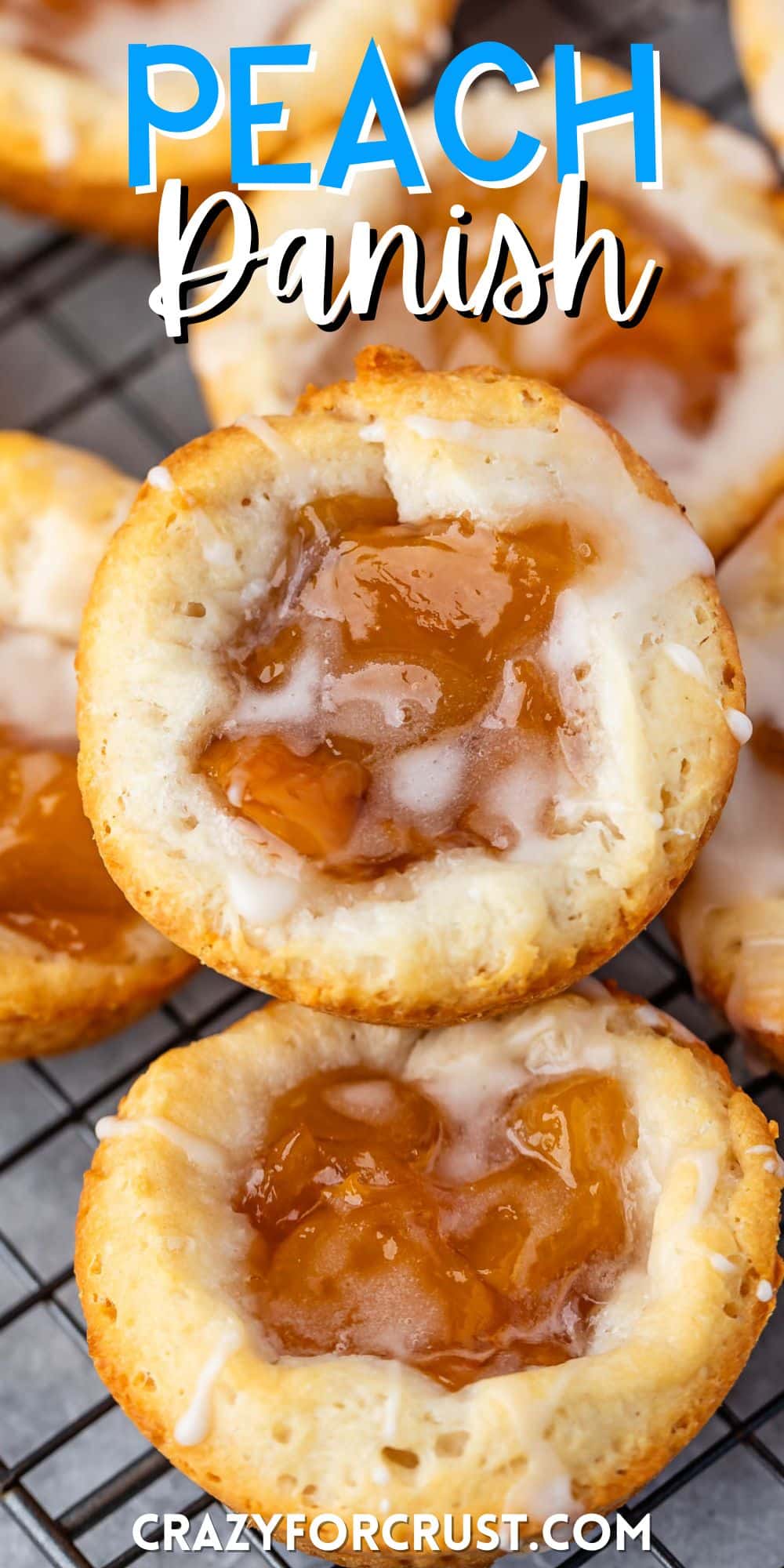 small stacked danishes with peaches baked into the center with words on the image.