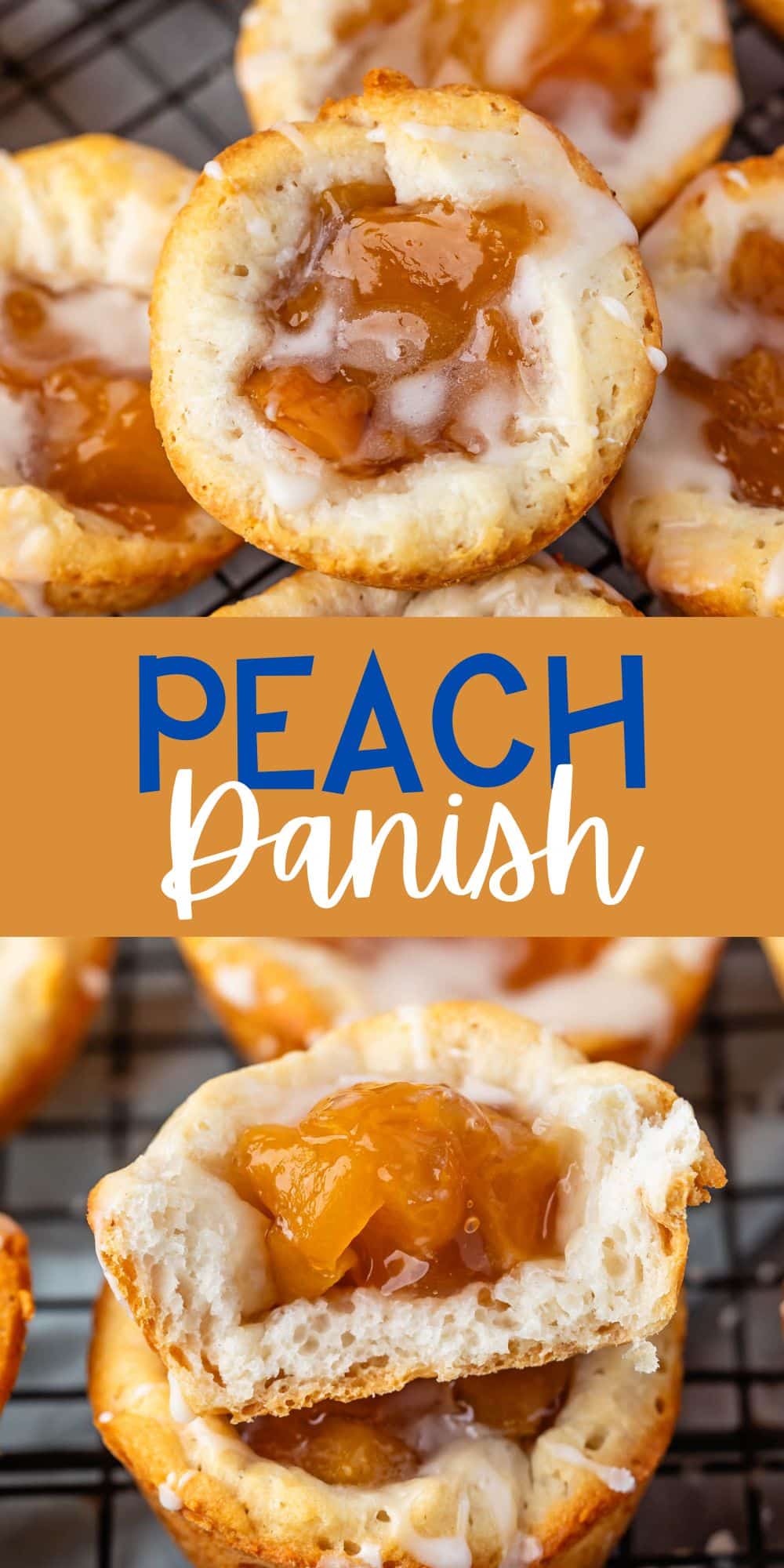 two photos of small stacked danishes with peaches baked into the center with words on the image.